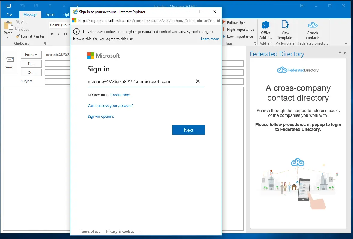 Federated Directory Outlook add-in showing a searchable cross-company contact panel